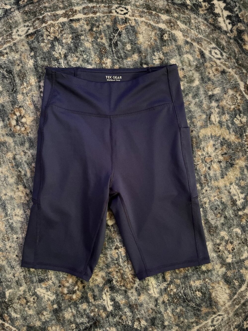 Tek Gear Women's Small Navy High Rise Biker Shorts Side Pockets Activewear
